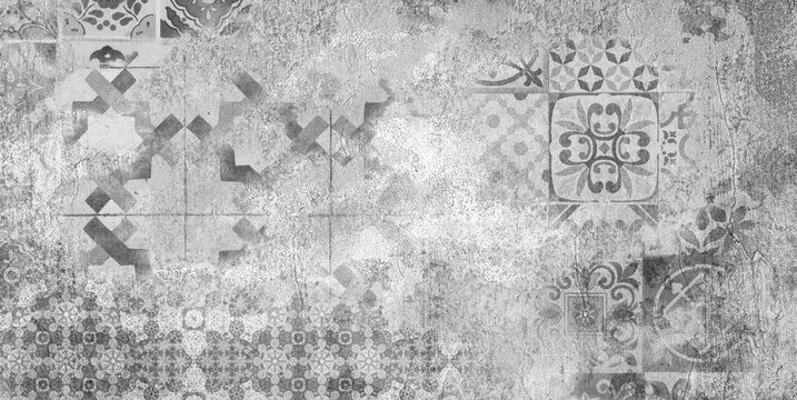 canvas texture background with islamic pattern .the patterns on vintage floor . Old gray rusty vintage worn shabby patchwork motif tiles stone concrete cement wall texture background banner
