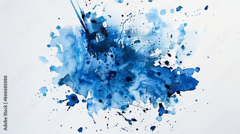 Poster vivid blue ink is exploding on a white background, creating a dynamic and abstract composition. this
