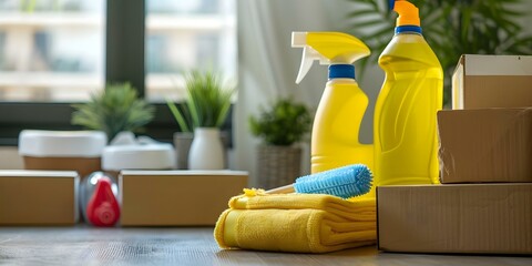 Cleaning supplies and cardboard boxes for moving into a new home. Concept Home Cleaning, Moving Supplies, New Home Essentials, Organization Tips