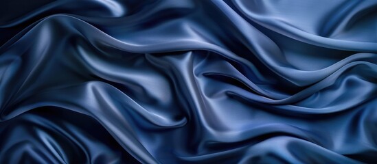 Obraz premium Navy blue silk satin fabric with abstract elegant backdrop for design, featuring wavy folds, gradient effects, and a shiny, glowing appearance. Suitable for wide banner templates.