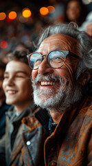 Fototapeta premium Portrait of old man watching football and cheering in the bar