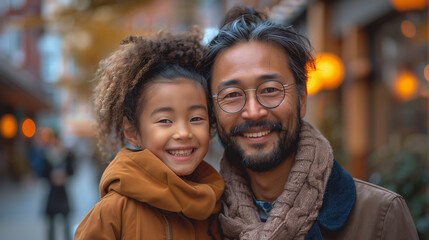 Fototapeta premium Portrait of parent and son in city 