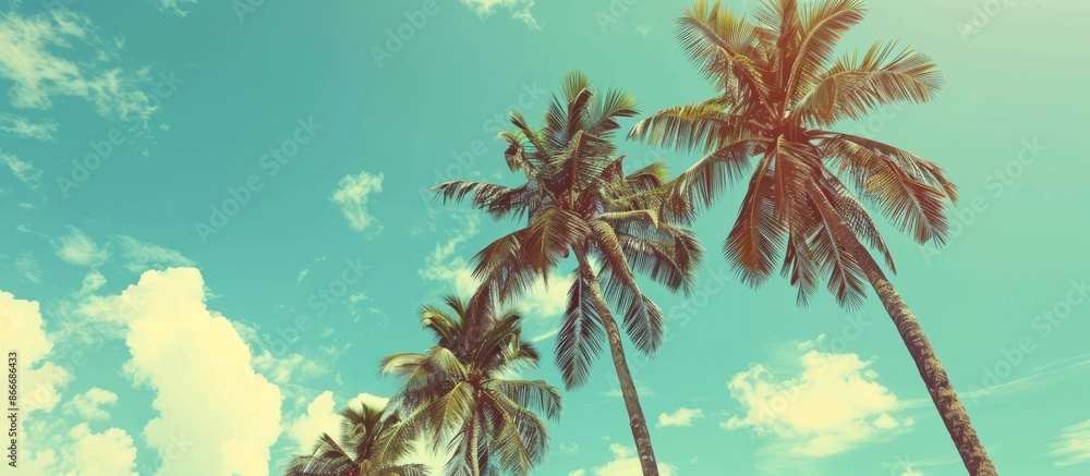 Sticker Vintage Toned Palm Trees on a Tropical Coast Against a Blue Sky Available for Summer, with a Retro Twist