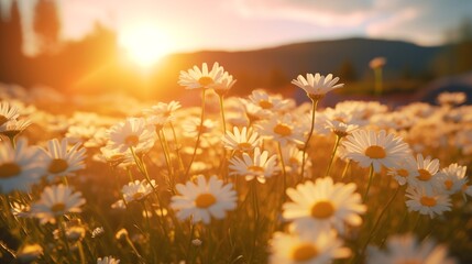 Golden hour glow on a field of daisies