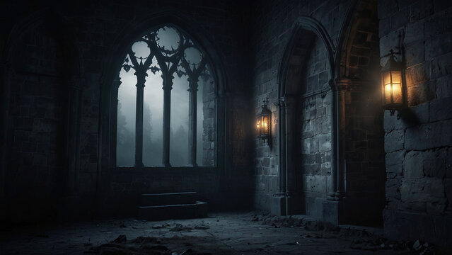 the interior of a spooky, old Gothic castle on a foggy night, featuring arched windows with intricate designs, stone walls