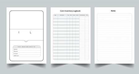 Editable Coin Inventory Logbook Planner kdp Interior printable template design.