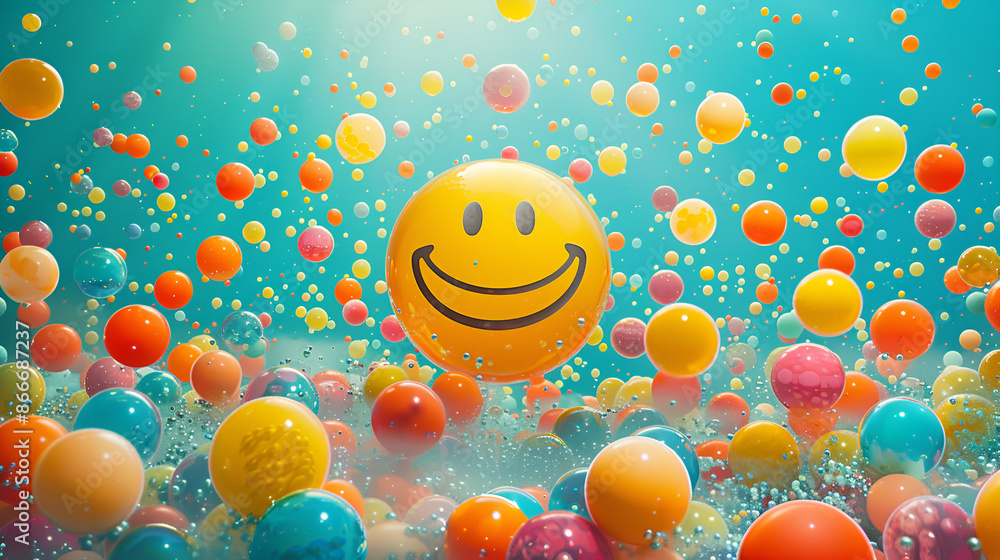 Poster colorful array of circular objects, resembling bubbles or confetti, of various sizes and hues. domin