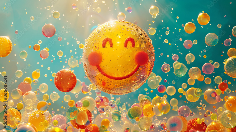 Poster colorful array of circular objects, resembling bubbles or confetti, of various sizes and hues. domin