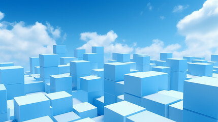 Blue abstract background with cubes and blue sky