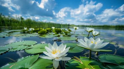 White water lilies floating on a serene lake, surrounded by green lily pads, with a clear blue sky and scattered clouds reflected in the water