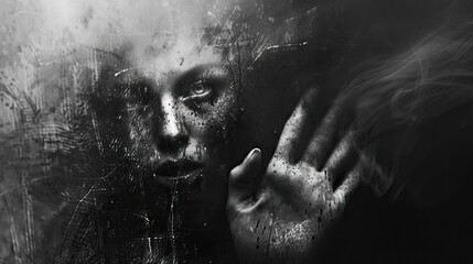 Creepy black and white horror woman behind glass.