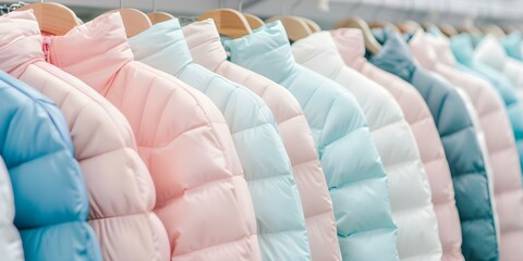 Obraz premium Closeup of pastel puffy jackets on hangers in a store. Concept Fashion, Retail, Winterwear, Pastel, Closeup
