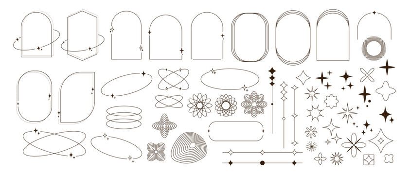 Modern minimalist aesthetic line elements, trendy frames with stars, geometric forms.