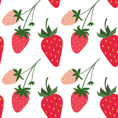 Strawberry vector seamless pattern. Sweet red and pink berries on transparent background.