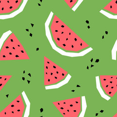 Watermelon cartoon seamless pattern. Tropical fruits background isolated on green. Watermelon slice with abstract element geometric print for fabric, paper, design.