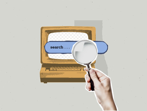 recommend clip art: Concept of searching for information to solve a problem, researching, looking for answers to questions. Computer and hand with magnifying. Contemporary halftone collage banner in a retro style.