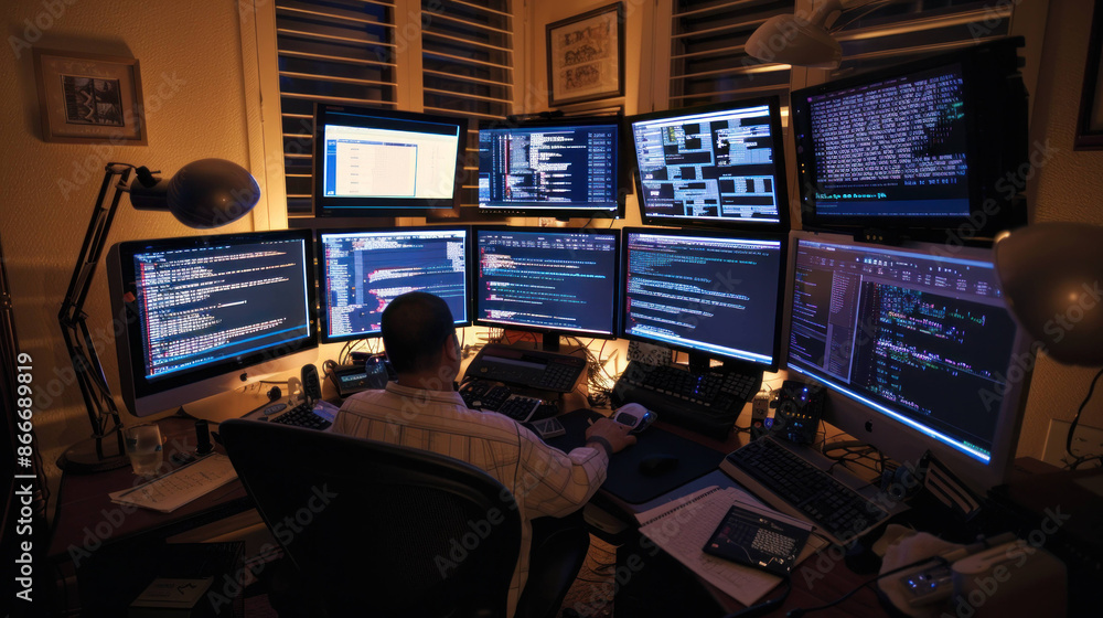 Poster Technology Expert Programming on Multi-Monitor Setup with Lines of Code on Screens