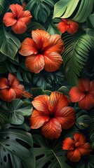 Obraz premium A rectangular text box bordered by hibiscus flowers and banana leaves. 