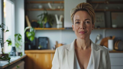 Confident female professional with short blonde hair standing in a stylish home office.