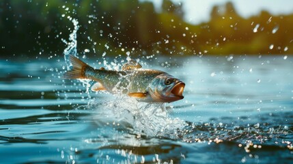 Close-up of a fish jumping out of the water in a lake with a splash of water.