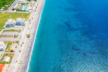 Kalamata Marina port. Aerial photo of Kalamata city, blue long beach in Messenia, Peloponnese, Greece