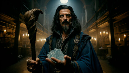 Obraz premium A male magician with long black hair and a moustache looks directly into the camera. He is holding a staff in a dark magic room.