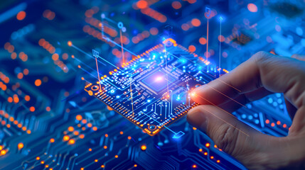 hand holding a glowing AI chip with digital data graphs floating around, in a futuristic and high-tech style, with a deep blue background and sharp focus on the AI chip.