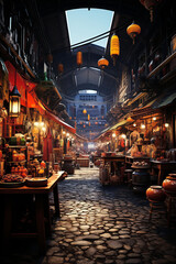 Naklejka premium An old-fashioned foodcourt, with retro style stands with crafted food.