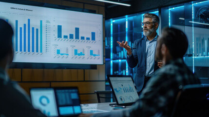 A senior business executive presenting statistical data in a corporate meeting room to attentive employees.