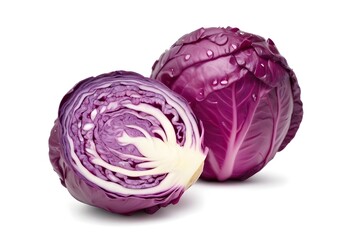 A Close-Up of Two Halves of a Fresh Purple Cabbage with Waterdrops, Revealing Its Vibrant Purple Color and Intricate Patterns - Detailed and Nutritious Vegetable Art