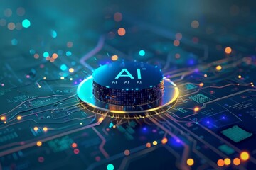 AI Data Processor in a Futuristic Digital Network, High Tech Chip, Blue Neon Lights, Advanced Technology, Cyberpunk Style, Digital Integration