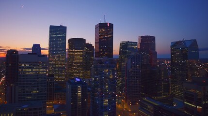 Obraz premium A city skyline at twilight, with skyscrapers casting long shadows and the stars appearing in the sky, while street lights begin to flicker on
