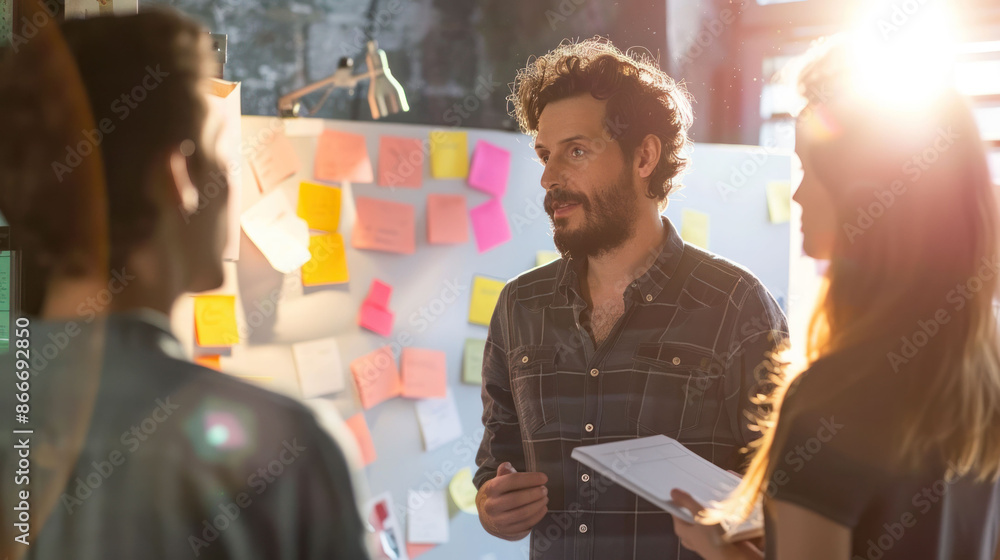 Poster team members discussing ideas with sticky notes on a board.