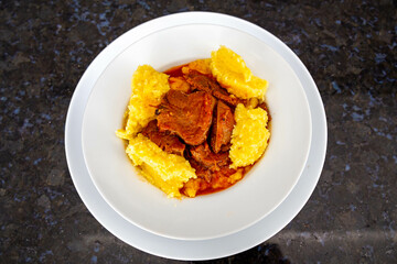 boiled, polenta, champignon, potatoes, lingua, brazilian disch, tongue, beef, cow, plate, sauce, comida de verdade, parsley, madeira sauce, rustic food, dairy, bovina, paraná, língua ao molho madeira,