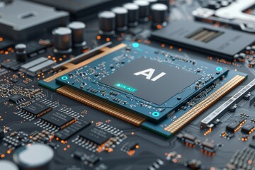 Fototapeta premium AI Microchip on Circuit Board, High Tech Processor, Futuristic Electronics, Blue and Green Lights, Advanced Technology, Cyberpunk Style