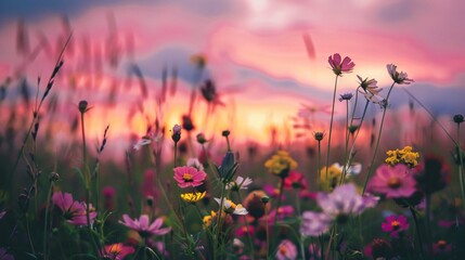 Obraz premium A field of wildflowers at twilight, with the flowers gently swaying in the evening breeze and the sky ablaze with rich hues of pink and purple