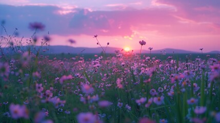 A field of wildflowers at twilight, with the flowers gently swaying in the evening breeze and the sky ablaze with rich hues of pink and purple