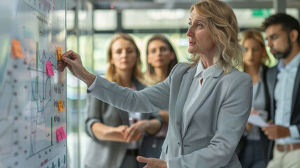 Professional woman in a yellow shirt smiling while working on her laptop in a modern, brightly-lit office with plants in the background.