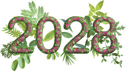 2028, year's design with nature theme, leaves, jungle, green grass and flower motive design, suitable for template go green concept.	