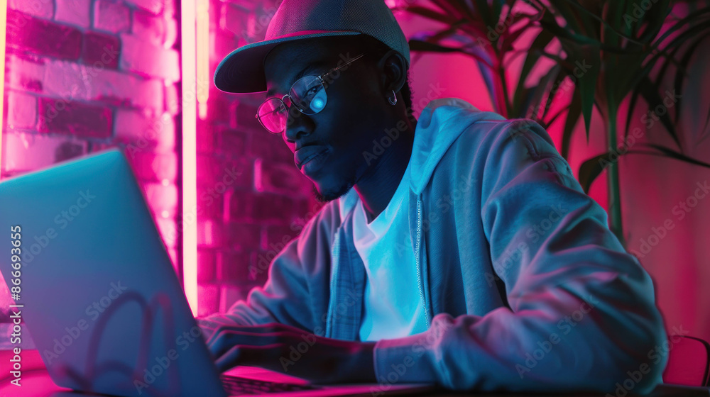 Aufkleber Illuminated Coding: Developer Working on Laptop in Dark Room with Neon Lights