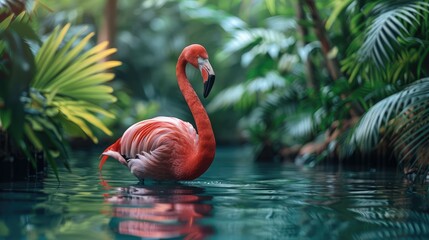 Fototapeta premium Vibrant summer scene featuring a large inflatable flamingo on a blue backdrop, perfect for a pool float party