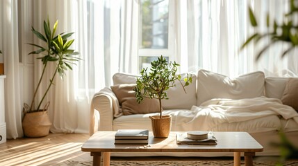 A minimalist living space with a clean white sofa, a single wooden coffee table, a potted plant, and a large window with sheer white curtains