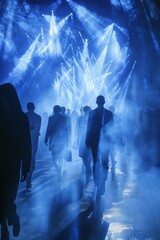 Fashion Show Runway glows in Blue Light Tunnel, displaying Elegant Silhouettes emanating sophistication and glamour
