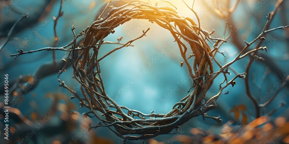 Poster artistic tree branches form continuous loop symbolizing circular economy against thriving backdrop. 