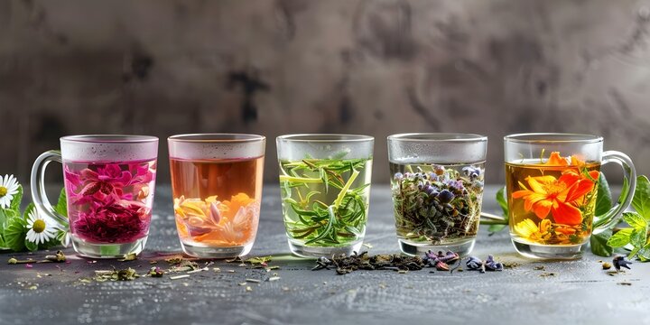 Inviting herbal tea corner promotes wellness through diverse herbal infusions exploration. Concept Herbal Tea Blends, Wellness Corner, Tea Infusions, Health Promoting, Herbal Exploration