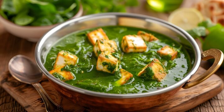 Closeup of Palak Paneer a traditional Punjabi spinach and cottage cheese curry. Concept Indian Cuisine, Vegetarian Dish, Palak Paneer Recipe, Punjabi Food