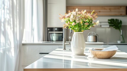 A modern kitchen with a white countertop, integrated appliances, a single vase of fresh flowers