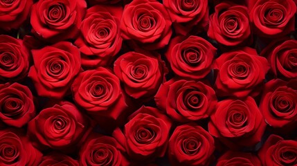 Naklejka premium Natural fresh red roses flowers pattern wallpaper. top view, Red rose flower wall background.