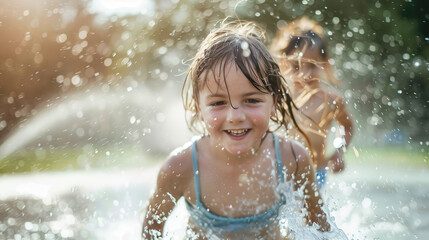 Obraz premium Two children joyfully splashing in water on a sunny day. The foreground shows a smiling girl with water droplets and bokeh in the background. 