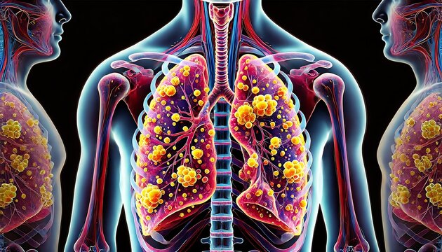 Human lungs affected by miliary tuberculosis, illustration